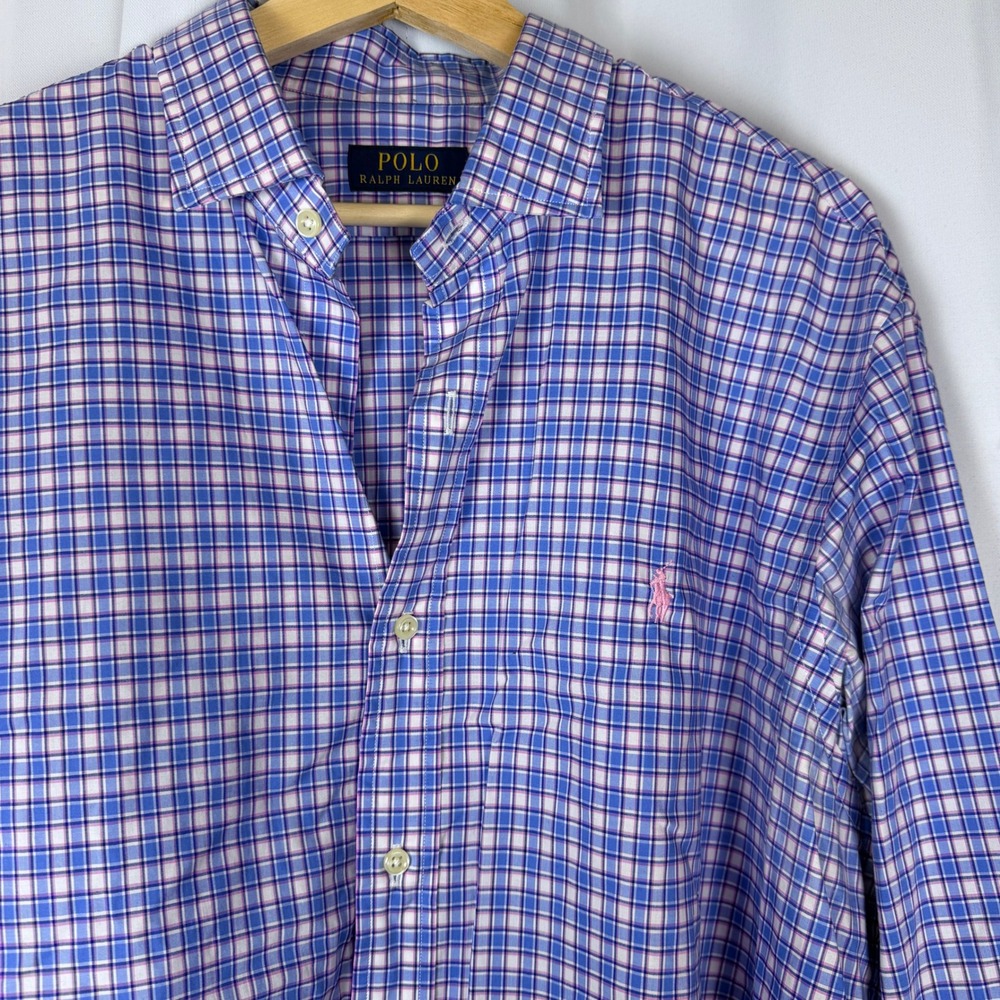 Polo Ralph Lauren Mens XL Plaid Button Down Shirt Blue Pink White Long Sleeve